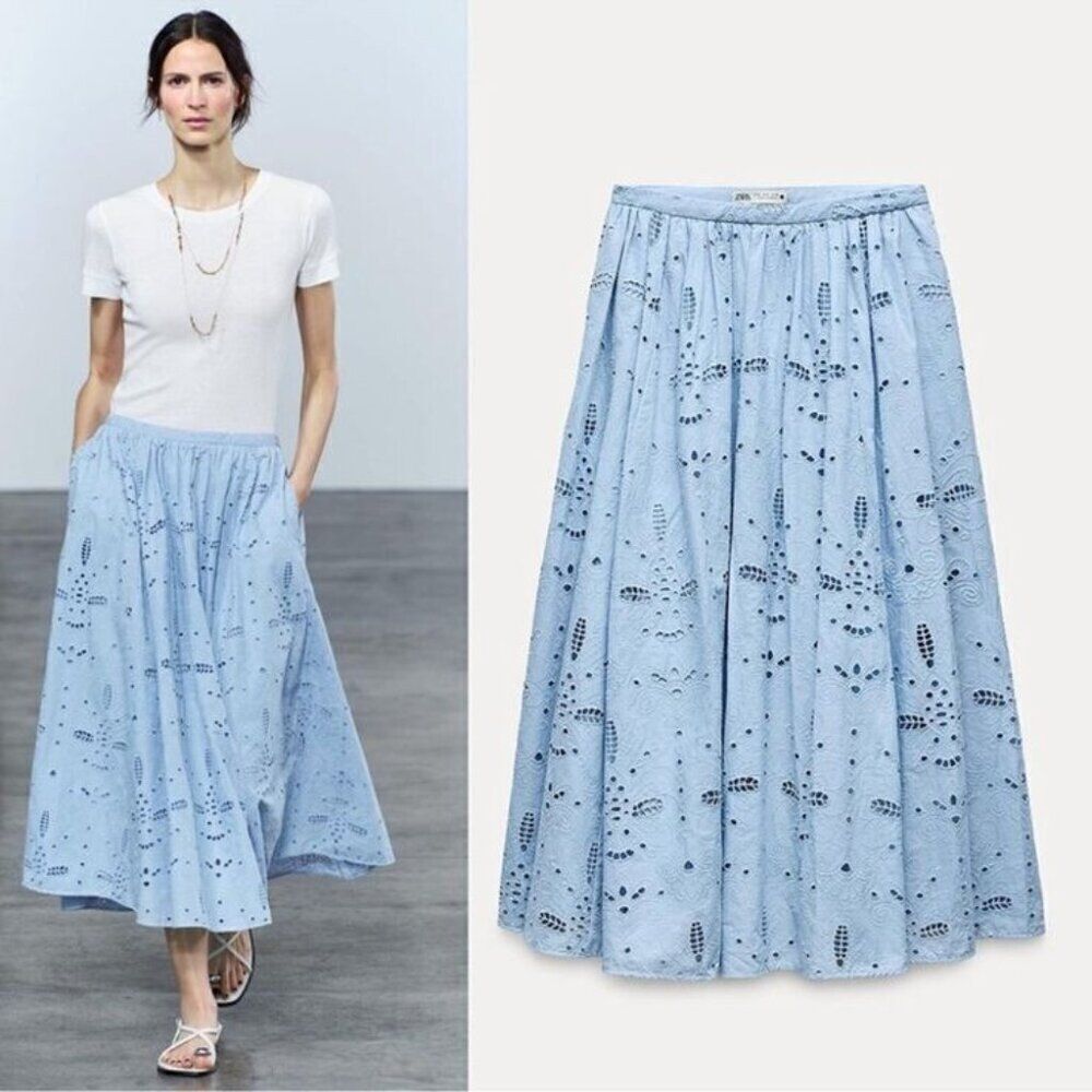 Zara Womens Embroidered Eyelet Skirt L Large Sky Blue Pleated 4786/121 NWOT